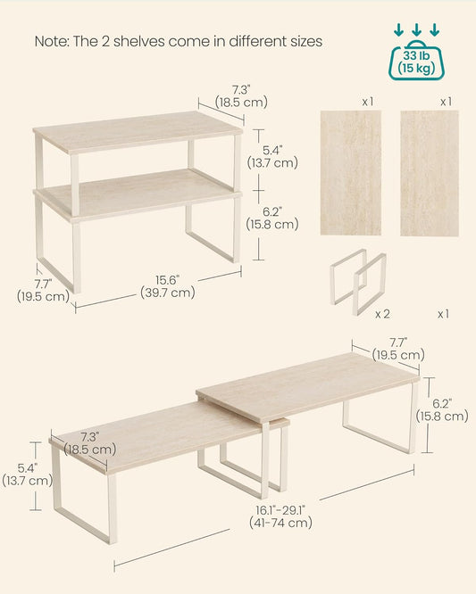 SONGMICS Cabinet Organizer Shelf, Set of 2 Kitchen Counter Shelves, Kitchen Storage, Spice Rack, Stackable, Expandable, Metal and Engineered Wood, Travertine Beige and Cream White UKCS025L01