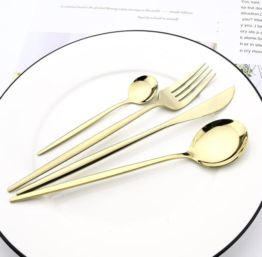 24-Piece Mirror Champagne Gold Flatware, 18/0 Stainless Steel Dinnerware Set Include Knife Fork Spoon Teaspoon Cutlery Set For Home Restaurant Party Service For 6, Dishwasher Safe