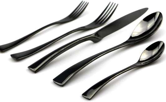 JASHII 18/10 Stainless Steel 20 Piece Mirror Polished Black Flatware Set,Dinner Knife Fork Salad Fork Coffee Spoon，Service for 4 ，Black Utensil Sets