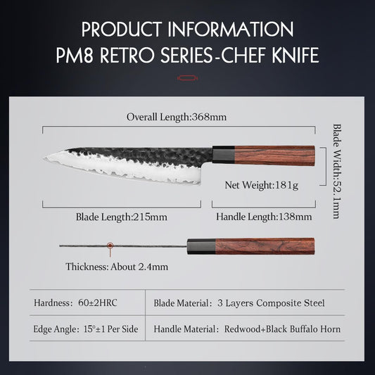 HEZHEN- 8.5 inch Chef Knife,3 Layers High Carbon Composite Forging Steel,Razor Sharp Kitchen Knife, Redwood Octagonal Handle With Wooden Knife Sheath with Premium Gift Box