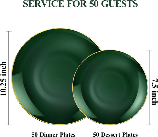 100PCS Green Gold Plastic Plates, Green Disposable Plates for Party, Wedding, Include 50 Dinner Plates, 50 Dessert Plates for 50 Guests