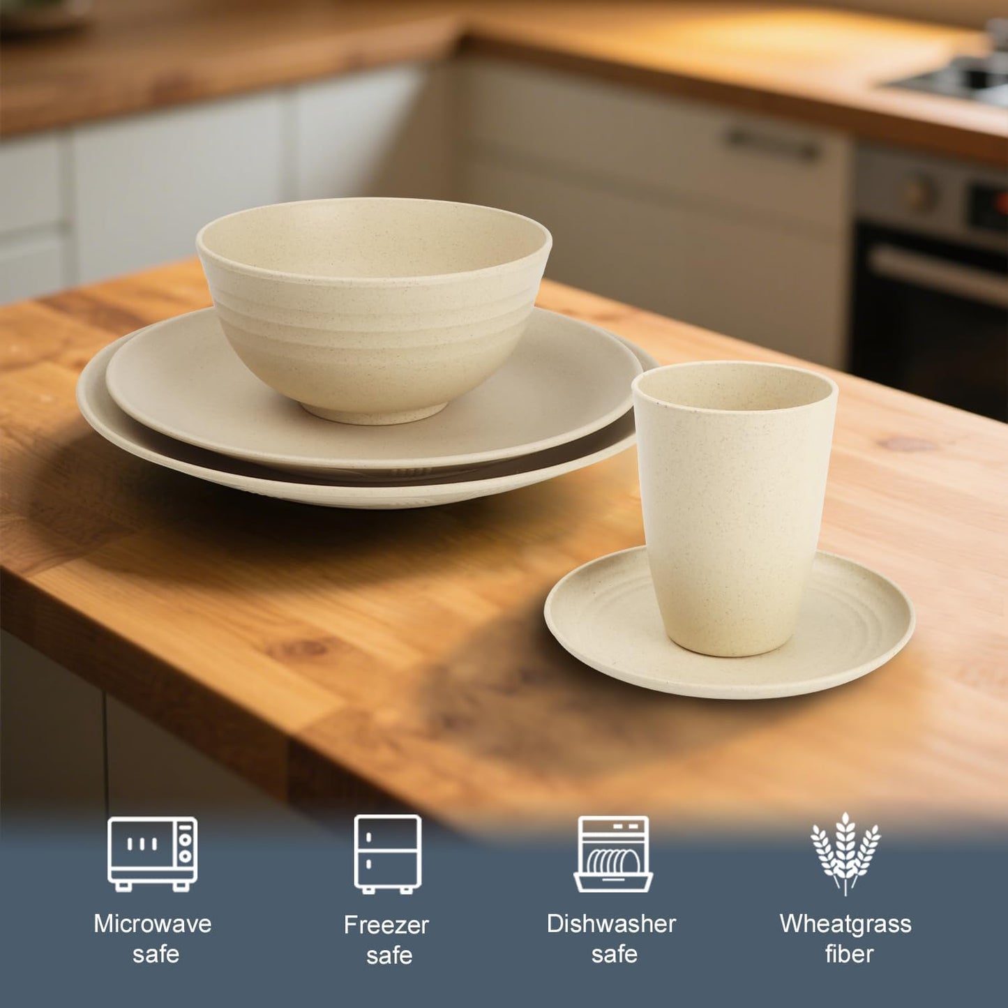 40 PCS Wheat Straw Dishes Sets | Reusable Dinnerware Set for 8 - Dinner Plates, Cereal Bowls, Drinking Glasses Unbreakable Plastic Plates and Bowls Sets Microwave Safe for Kitchen - Beige
