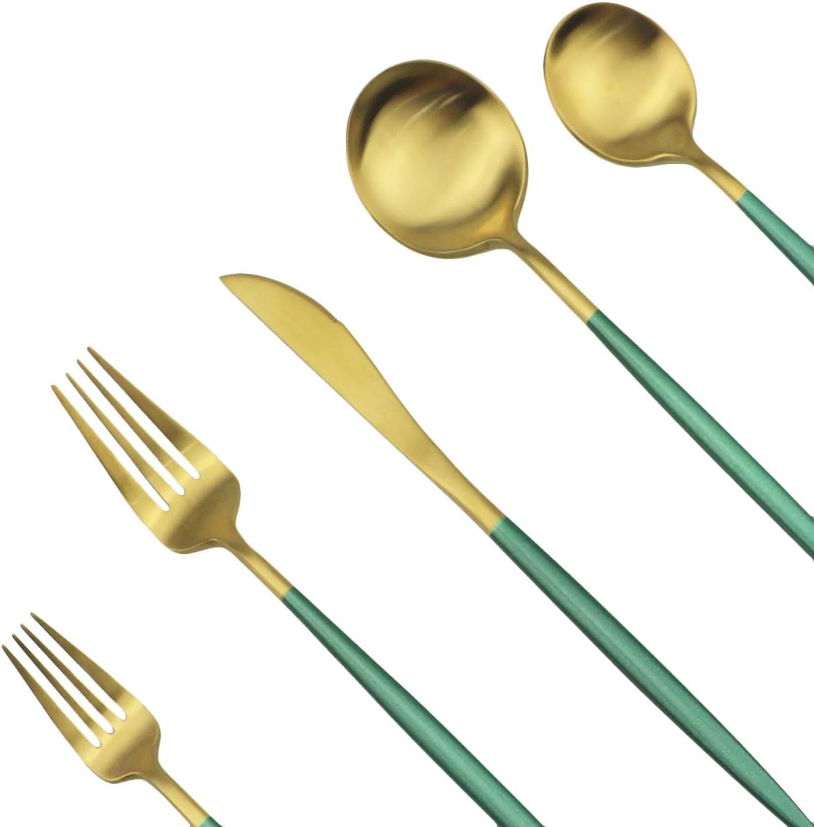 JASHII Silverware Sets, 5-Piece Green Flatware 18/10 Stainless Steel Heavy Weight Forged Cutlery Eating Utensils Forks Spoons Knives Set Tableware Service for 1 Matte Finished (Green & Gold)