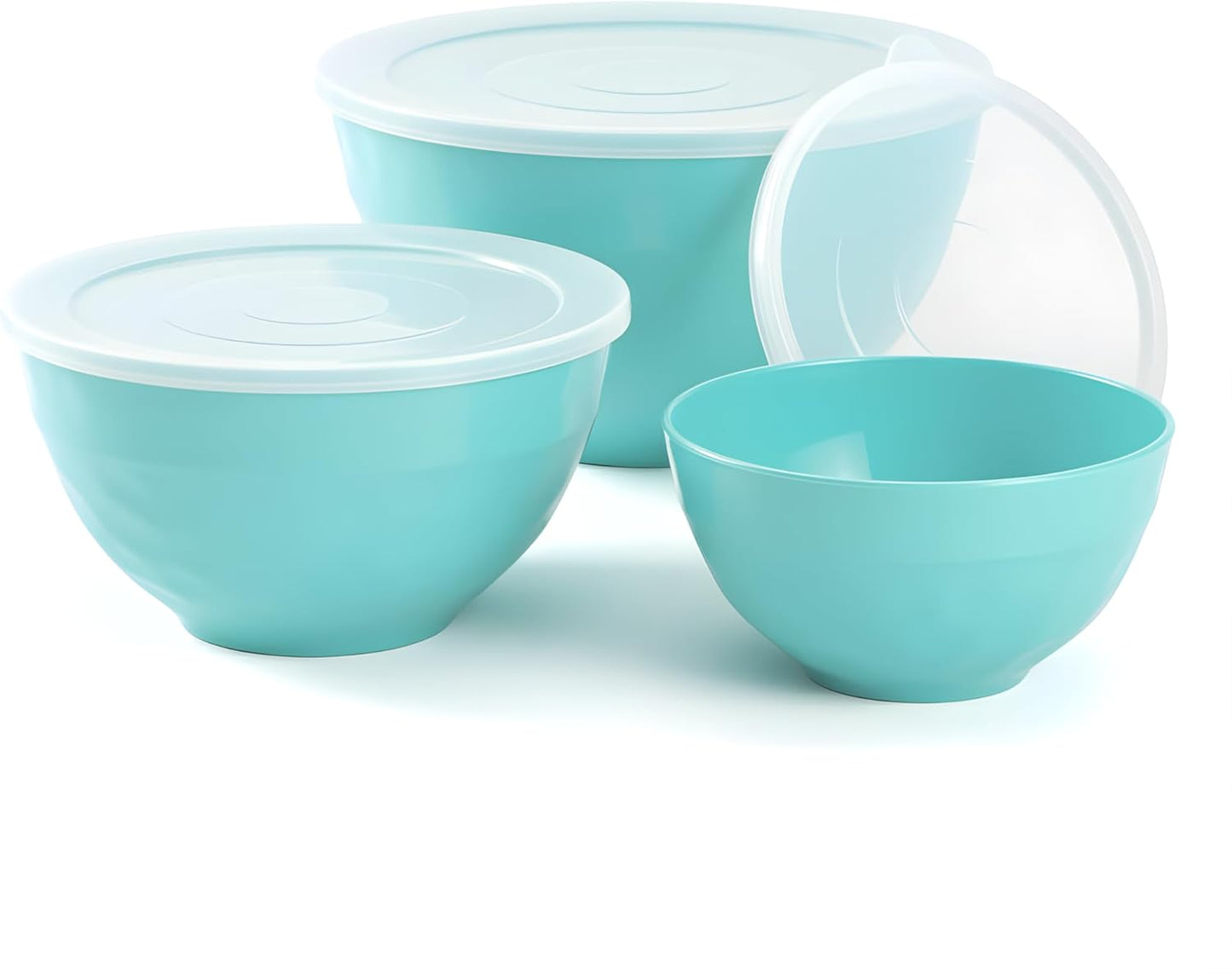 TP Mixing Bowl Set with Lids, 6-Piece Melamine Nesting Bowls Set for Pasta Baking Salad Mixing, Set of 3, Glossy Turquoise