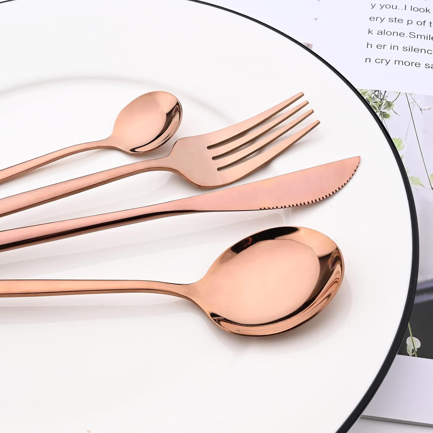 24-Piece Mirror Rose Gold Cutlery Set, Snplowum Stainless Steel Flatware Hanging Tableware Silverware Set Include Knife/Fork/Spoon/Teaspoon and Storage Rack For Daily Use, Service For 6