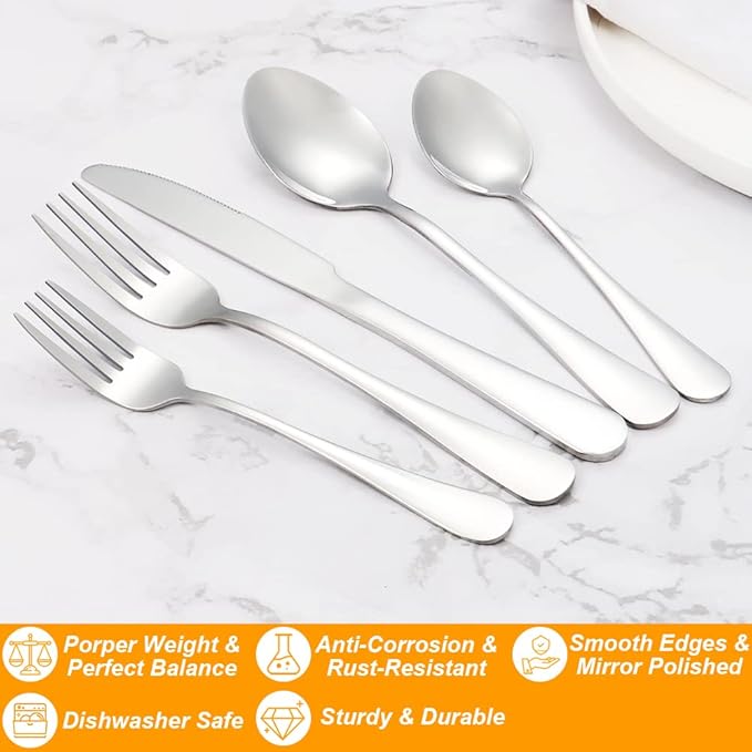 Lazycorner Silverware Set for 8, 40-Piece Food Grade Stainless Steel Flatware Set Include Fork/Knife/Spoon, Mirror Polished Eating Utensils Sets, Reusable Silverwear Cutlery Set, Dishwasher Safe