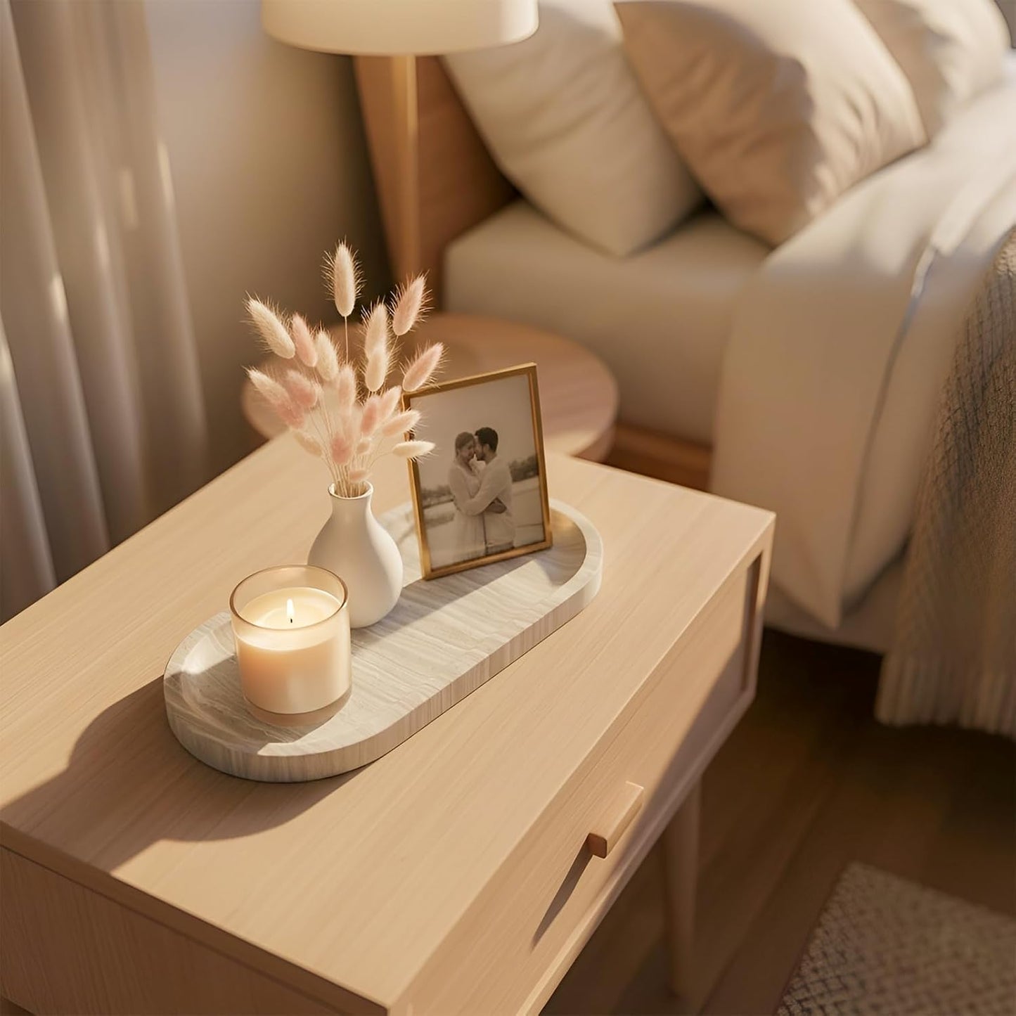 Natural Marble Tray, Stone Vanity Tray for Bathroom & Kitchen Countertop - Organizer for Perfume, Jewelry, Cosmetics 12x6 Inch,Gray Wood Grain