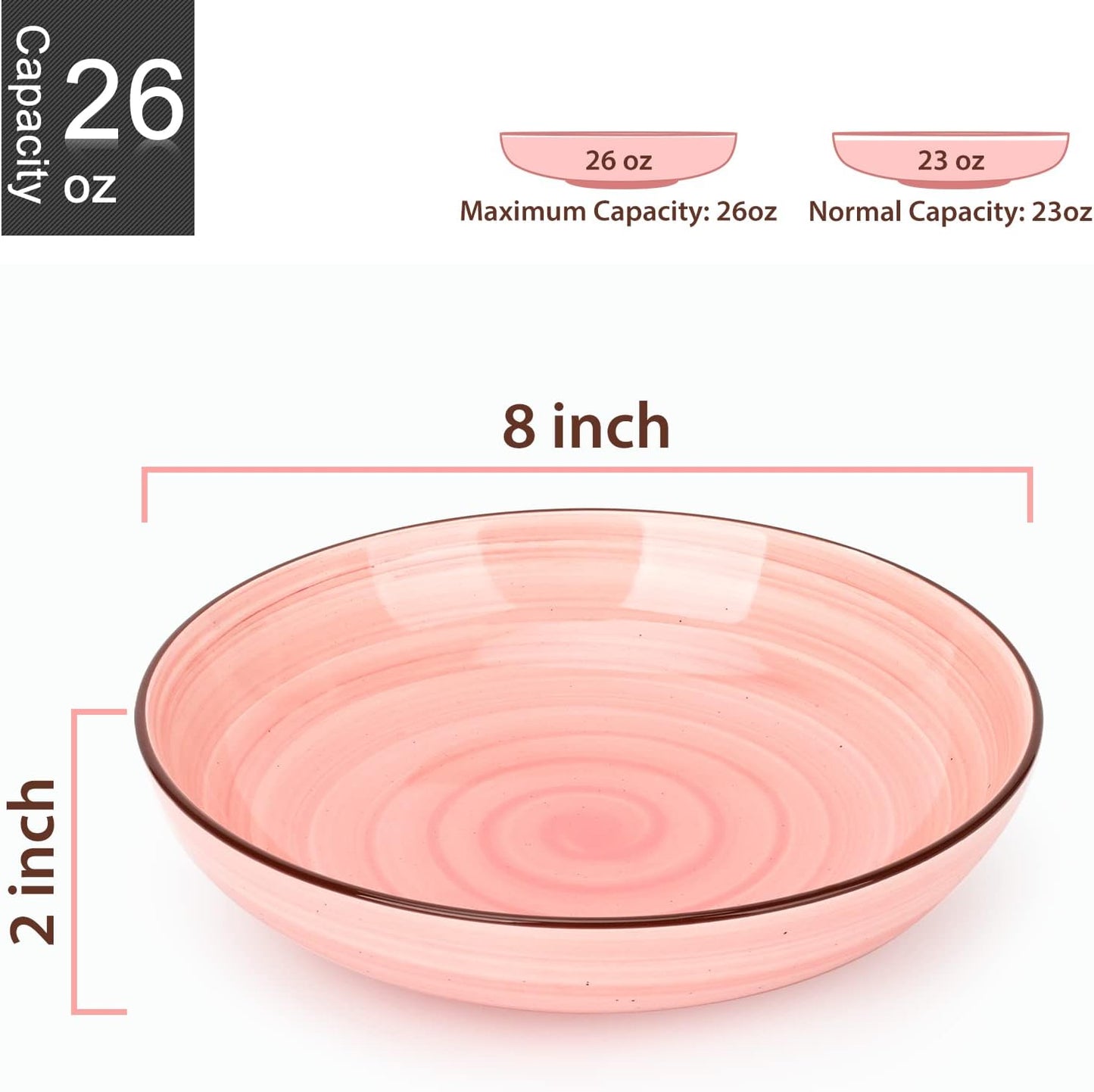 KitchenTour Ceramic Pasta Bowls - Large Salad Bowls Porcelain Serving Bowl Set 26 Ounce - 8 Inch Soup Bowl - Dishwasher and Microwave Safe - Set of 6, Assorted Warm Colors