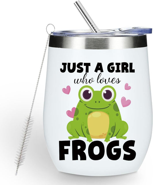 Cute Funny 12 oz Tumbler, Wine Tumbler Insulated Wine Glass with Lid, Frog Gifts for Girls Women Sister Daughter Animal Lovers, Frog Supplies Accessories Friendship Appreciation Christmas Birthday