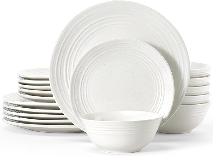 Famiware Plates and Bowls Sets 18-Piece Stoneware Dinnerware Sets, Dishes Set for 6, Hand-made Reactive Glaze Dish Set, Twilight Series, White