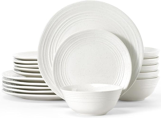 Famiware Plates and Bowls Sets 18-Piece Stoneware Dinnerware Sets, Dishes Set for 6, Hand-made Reactive Glaze Dish Set, Twilight Series, White
