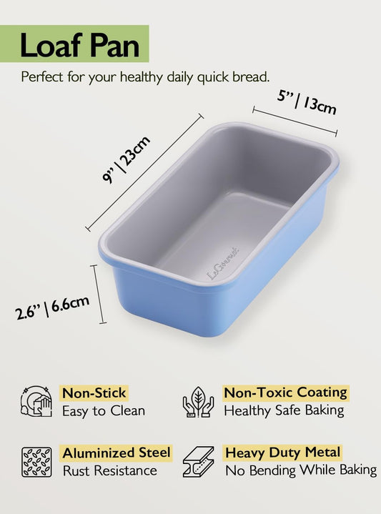 LeGourmet Nonstick Bread Loaf Pan 9 X 5 Inch, Ceramic Coating, Non-Toxic, Rust Resistant Aluminized Steel, Perfect 1 lb Baking Dish for Meatloaf, Pound Cake & Brownie (Cyan 2pcs)