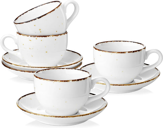 Yedio 8oz Cappuccino Cups and Saucer, Porcelain Coffee Mugs, Latte Cups Set for Cappuccino, Espresso, Americano, Latte, Tea, Mocha, Microwave Dishwasher Safe, Set of 4, White