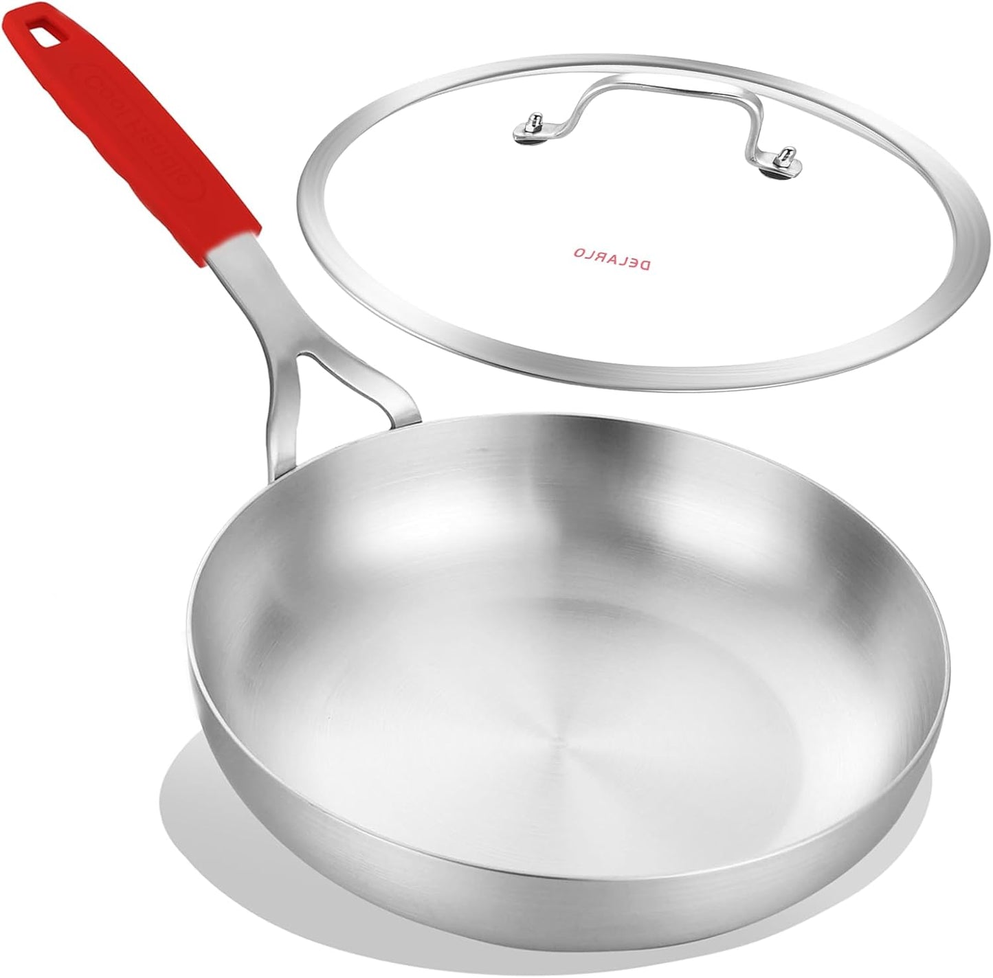 DELARLO Tri-Ply Stainless Steel 8 inch Frying Pan With Lid, Oven Safe Induction Skillet, Suitable for All Stoves Up to 600℉（Lids 300℉）