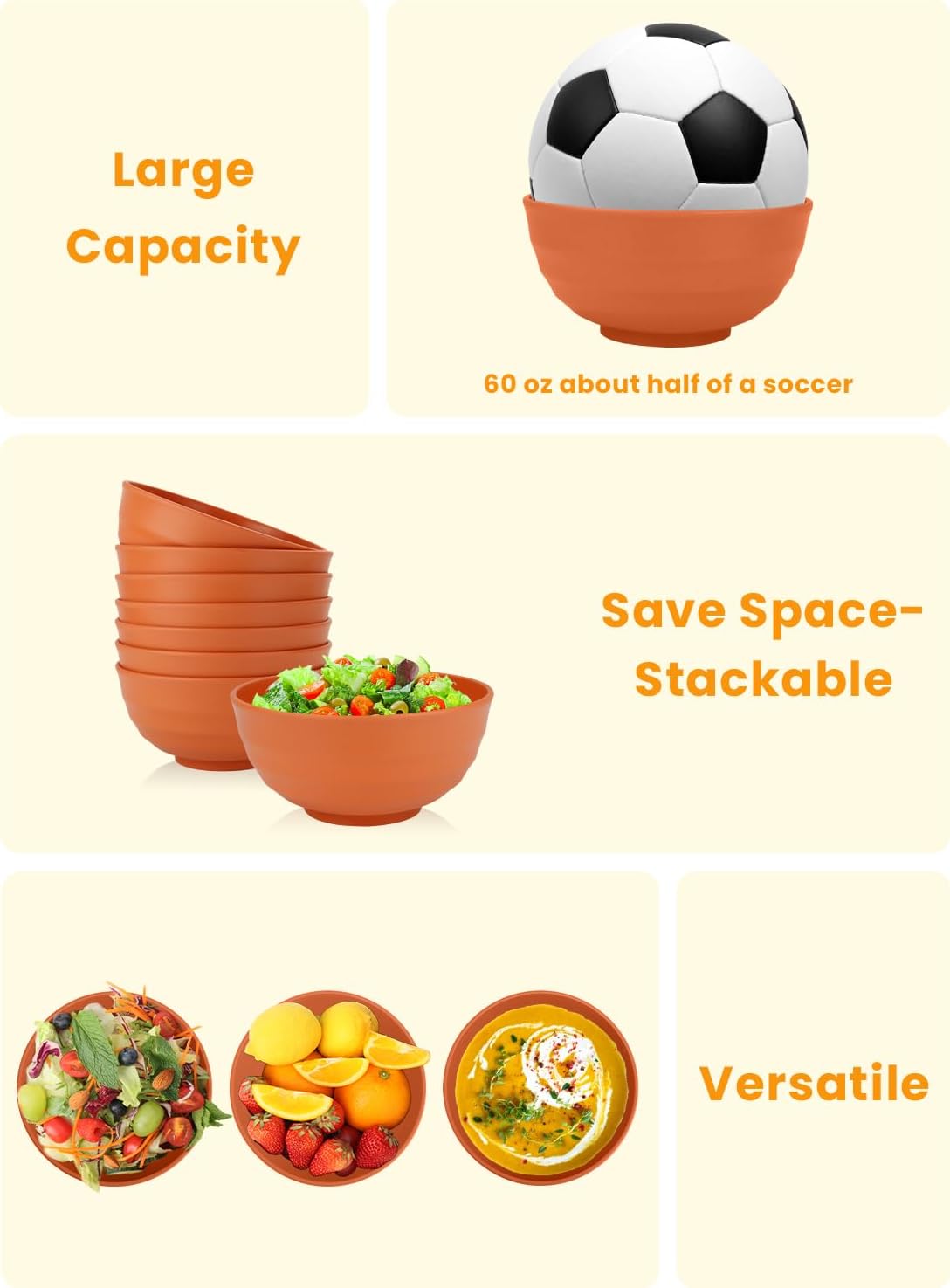 Homienly 60 OZ Large Salad Bowls,Wheat Straw Bowls Set of 8,Large Serving Bowl for Wedding Parties, Microwave and Dishwasher Safe Bowl for Salad,Soup,Big Bowls for Kitchen-Orange