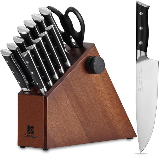 Knife Set,15-Piece Kitchen Knife Set with Block and Sharpener,50Cr15Mov High Carbon Stainless Steel,Razor Sharp Professional Knives,Ultra-Smooth knife,Ergonomic Black Anti-slip Handles,Dishwasher Safe