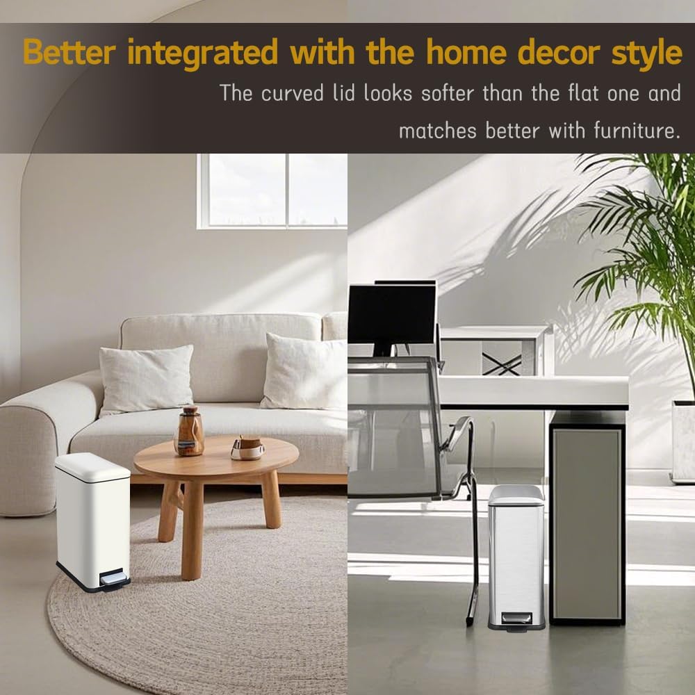 White 10L/2.6 Gallon Bathroom Trash Can with Lid,features a removable inner bucket, a soft - close lid, and a stainless - steel step pedal,ideal for use in the bathroom, kitchen, and home office.
