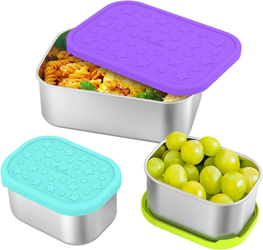 SOPHICO Stainless Steel 24 OZ Snack Containers for Kids，Food Storage Container with Silicone Lid - Perfect 304 Metal Toddler Lunch Box for Daycare and School, Leak Proof （Purple）