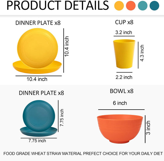 Rubtlamp Wheat Straw Dinnerware Set, 16Pcs Unbreakable Plates And Bowls Sets of 4, Plastic Plates Set Reusable (Four Colors) Include Dinner Platos, Dessert Platos, Cereal Bowls, Cups for Daily