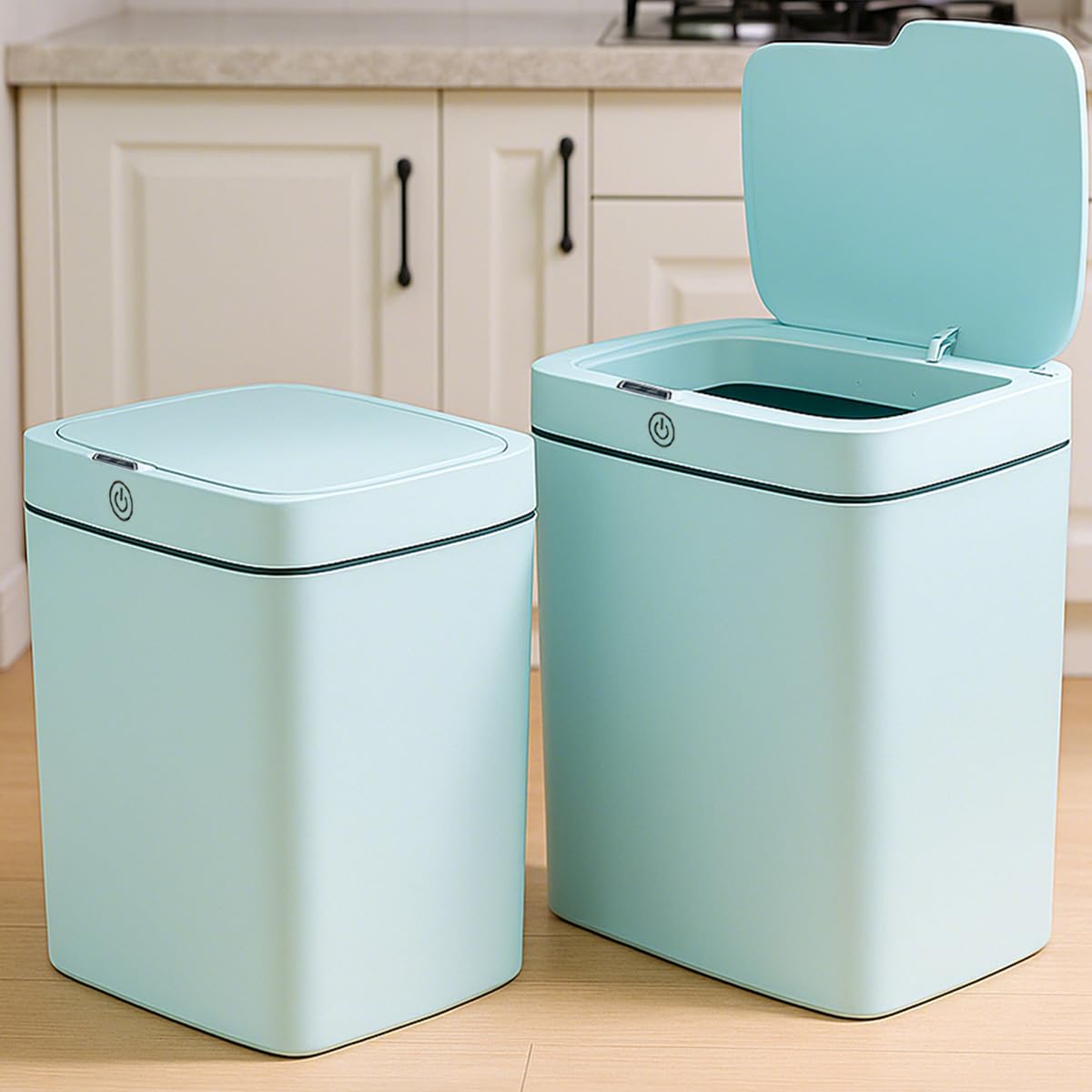 Two Blue smart sensor trash cans with a capacity of 4 gallons, supporting multiple opening methods, waterproof design, anti odor design, fast response, suitable for kitchens,bedrooms,offices, etc