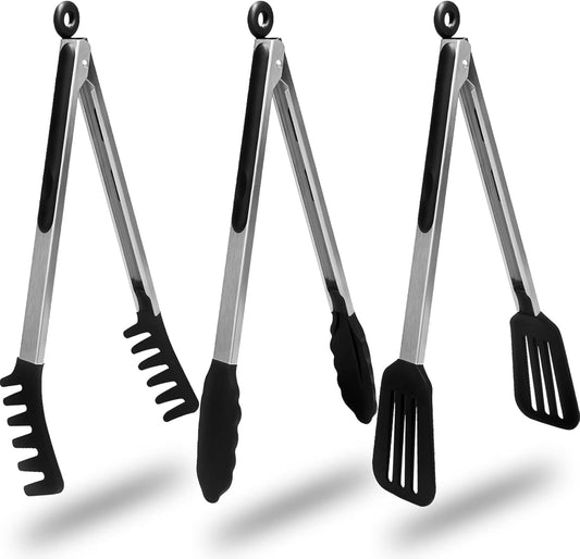 HST Tongs for Cooking with Silicone Tips(3 Pack), Non Stick Kitchen Tongs with Silicone Tip for Cooking BBQ Baking (12", Black)