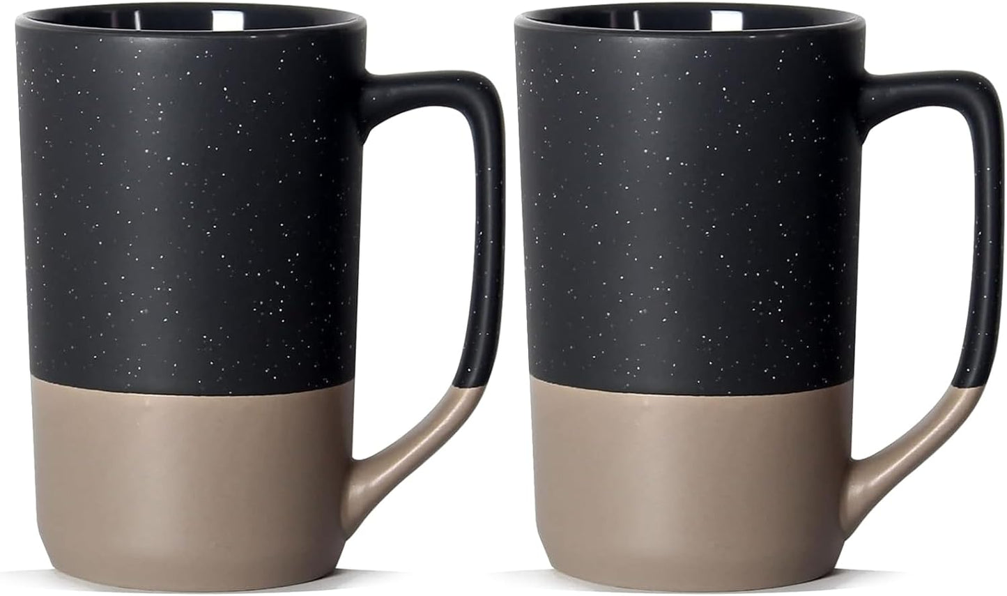 16 OZ Speckled Large Coffee Mugs Set of 2, Tall Ceramic Tea Cups with Handle, Big Beer Bulk Black Cup for Porcelain Cup or Mug Lovers DIY Gifts, Grey
