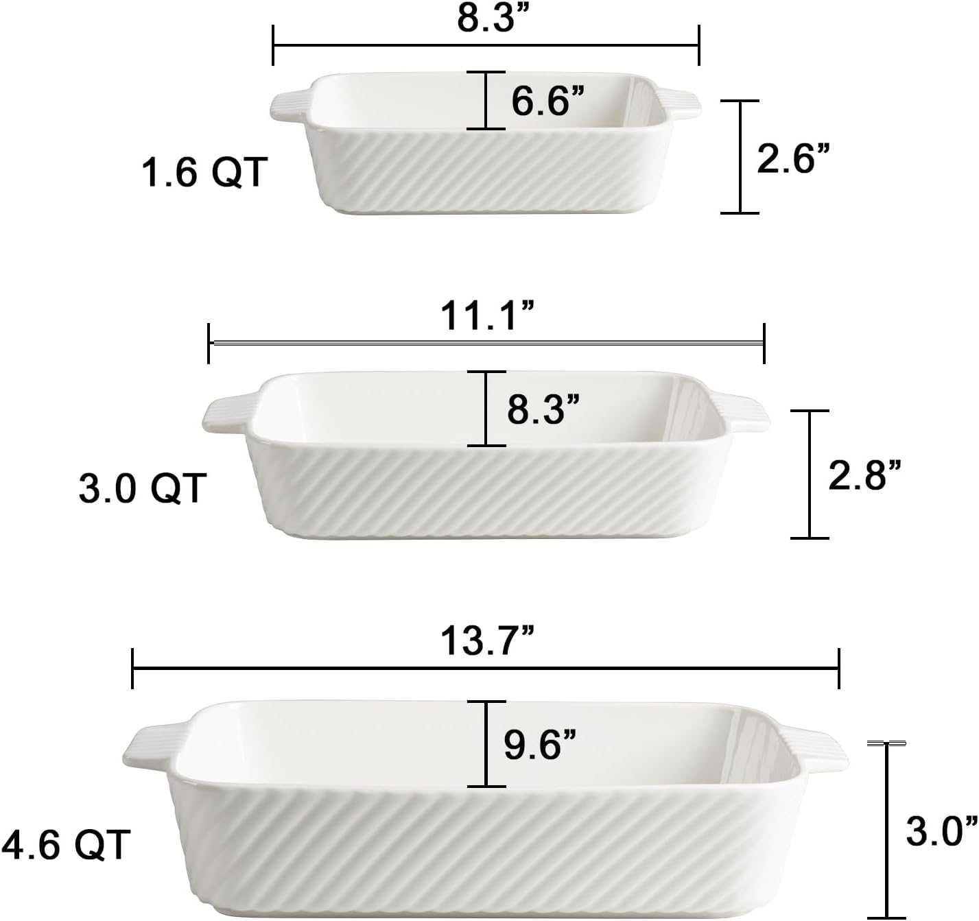 Sweejar Ceramic Baking Dish Set, Cake Baking Dish for Brownie, Porcelain Striped Casserole Dishes for Oven with Handle for Lasagna, Family Dinner(White)