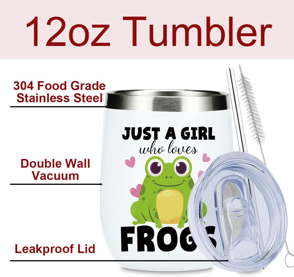 Cute Funny 12 oz Tumbler, Wine Tumbler Insulated Wine Glass with Lid, Frog Gifts for Girls Women Sister Daughter Animal Lovers, Frog Supplies Accessories Friendship Appreciation Christmas Birthday