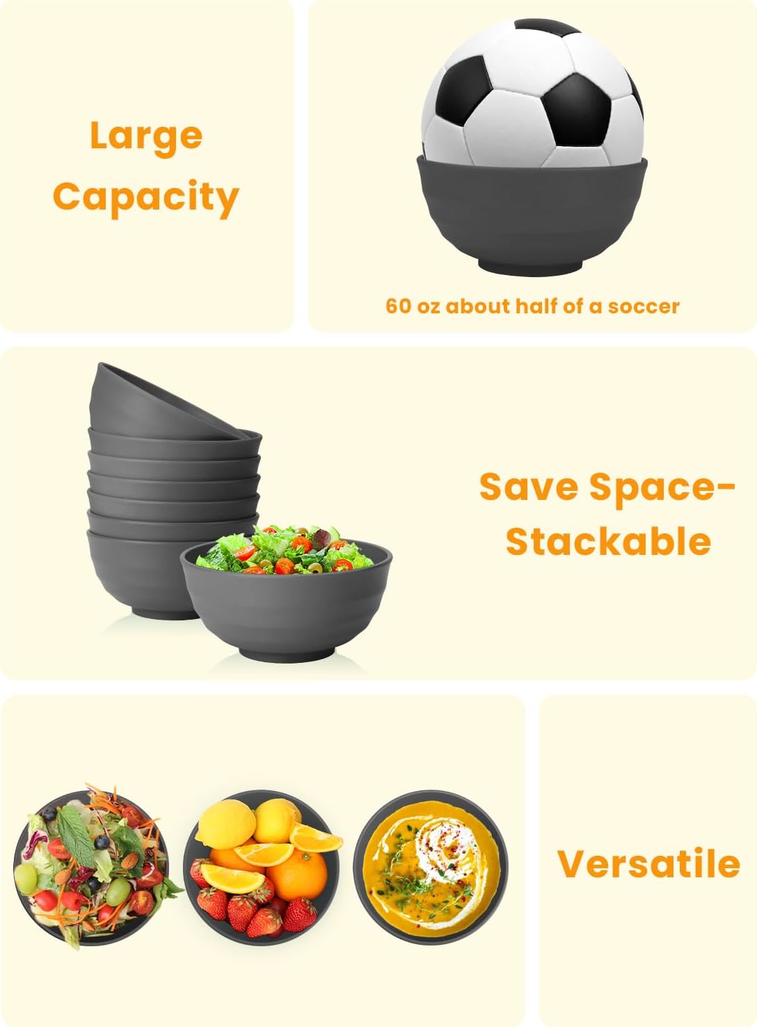 Homienly Wheat Straw Bowl Set, 60 OZ Unbreakable Lightweight Salad Bowls Set of 8, Bowls for Serving, Soup, Cereal, Dinner, Ramen, Microwave and Dishwasher Big Bowl for Kitchen, Camping(Grey, 60 OZ)