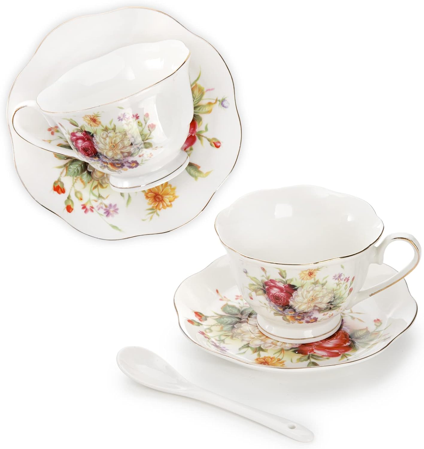 Foraineam Floral Tea Cup with Saucers and Spoons Set of 6 - Coffee Cups and Saucers with Gold Trim - 6 oz Porcelain Ivory Latte Cup and Espresso Mug for Coffee Drinks and Tea