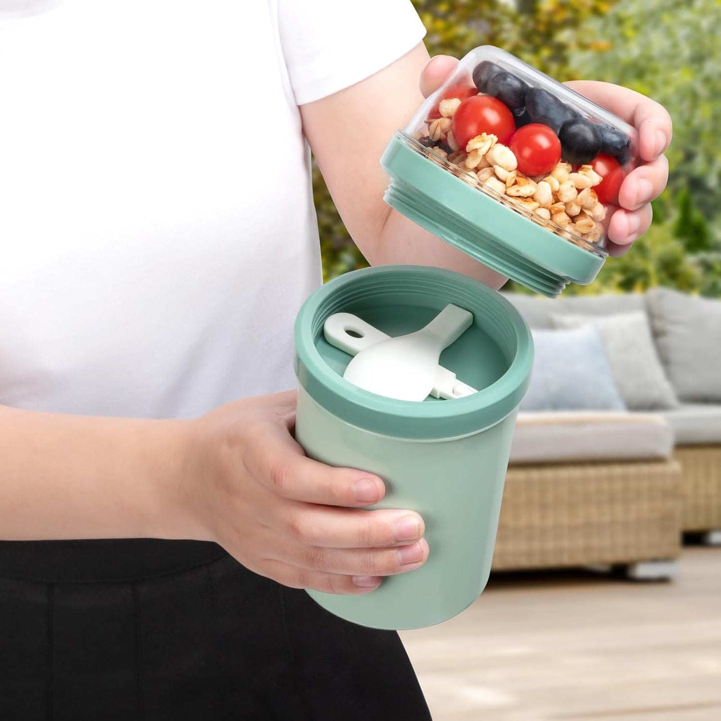 Snack Cup Box Container with Lid,Yogurt Parfait Snackle Cups and Spoons,600ml+270ml Breakfast On The Go,Portable Overnight Oats Cereal To Go,Reusable Travel Cereal Bowl and Milk Container