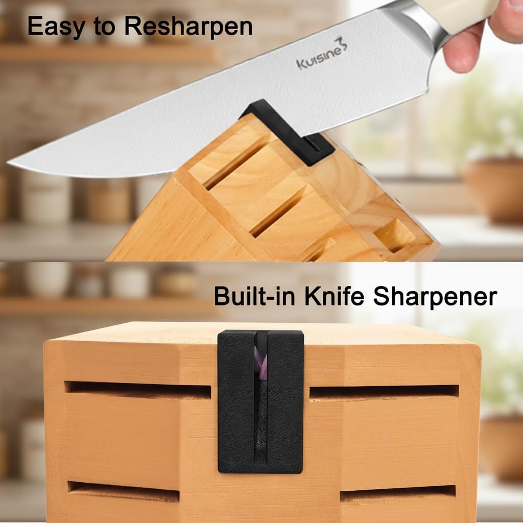 KUISINE Knife Set High Carbon Stainless Steel Super Sharp Blade Ergonomic Rivet Handle,Knife Block Set with Built-in Sharpener Upgraded(Ivory Acacia Pro 15PCS)