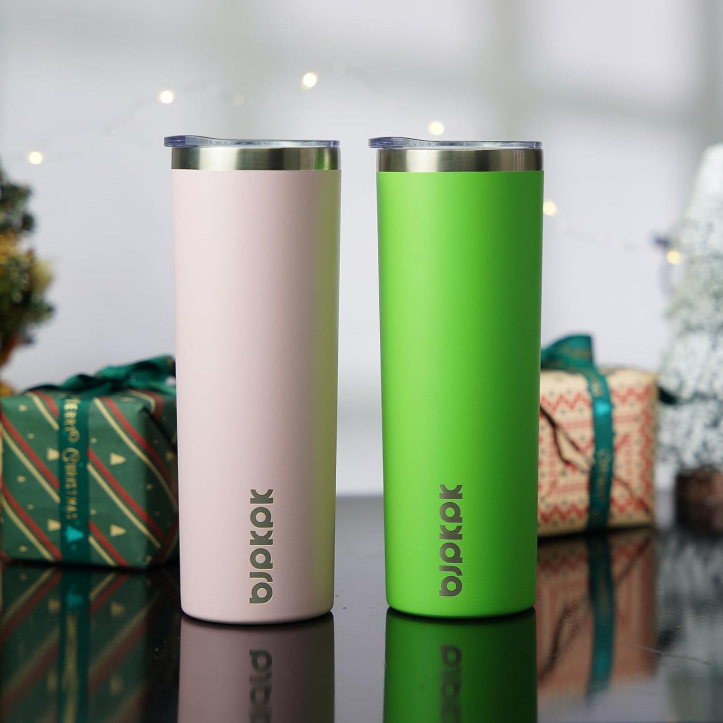 BJPKPK 20 oz Skinny Tumbler with Lid Slim Insulated Travel Coffee Cup Stainless Steel Thermal Mug,Green,Light Pink (Pack of 24)