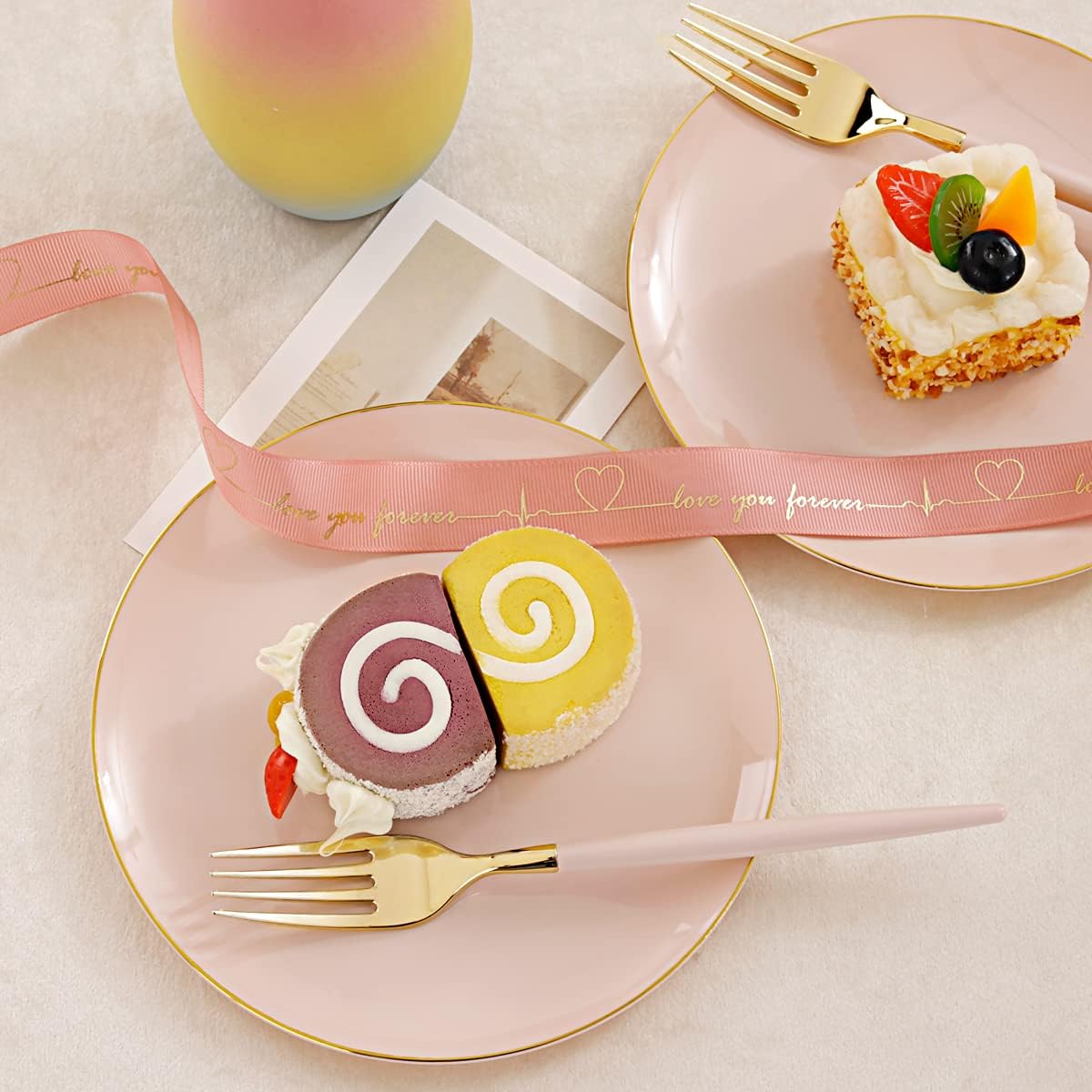 I00000 72PCS Pink Plastic Dessert Plates with Disposable Forks, Premium Pink Cake Plates, Fancy Apetizer Plate with Gold Rims Perfect for Party