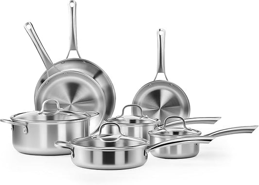 Bonnlo 11 Pieces Cookware Set, 3-Ply Stainless Steel Pots and Pans Set with Lids, Non-Toxic Kitchen Set, Oven & Dishwasher Safe, Induction Cooking Set, PFOA & PTFE Free (11 Pieces Set)