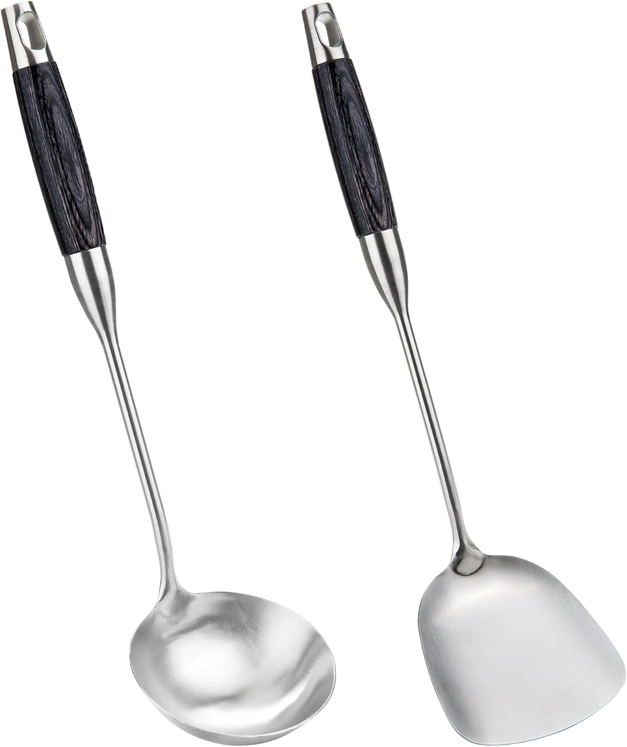 FJNATINH Wok Spatula and Ladle, Heat-Resistant Wok Tools with Wooden Handle Stainless Steel Wok Spatulas Cooking Utensils Set Wok Accessories,2 PCS