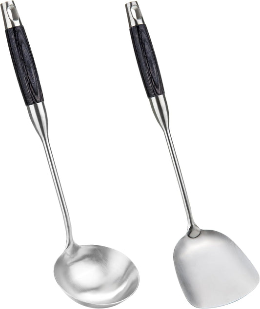 FJNATINH Wok Spatula and Ladle, Heat-Resistant Wok Tools with Wooden Handle Stainless Steel Wok Spatulas Cooking Utensils Set Wok Accessories,2 PCS