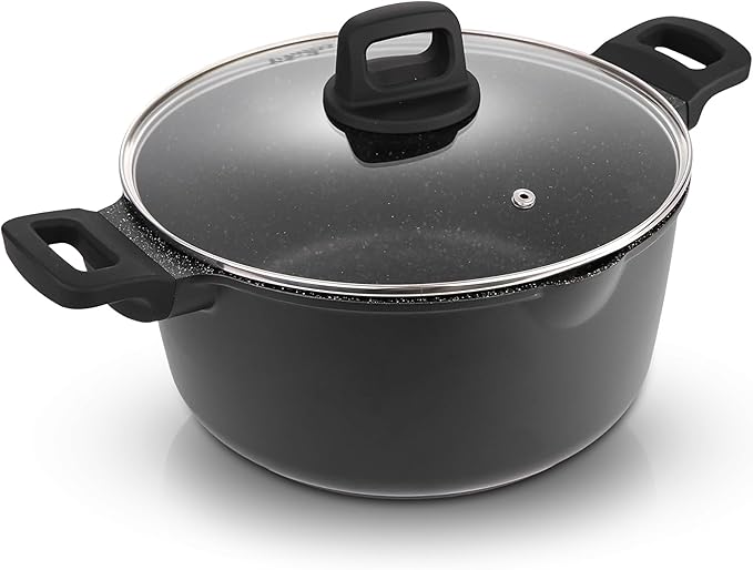 11 Inch Non Stick Pan Casserole Pot with Lid & Pour Spout - Lightweight 6.84 Quart Granite Coated Soup Pot Comfort Grip Handle - Induction Compatible PFOA Free Non Stick Cookware (Black)