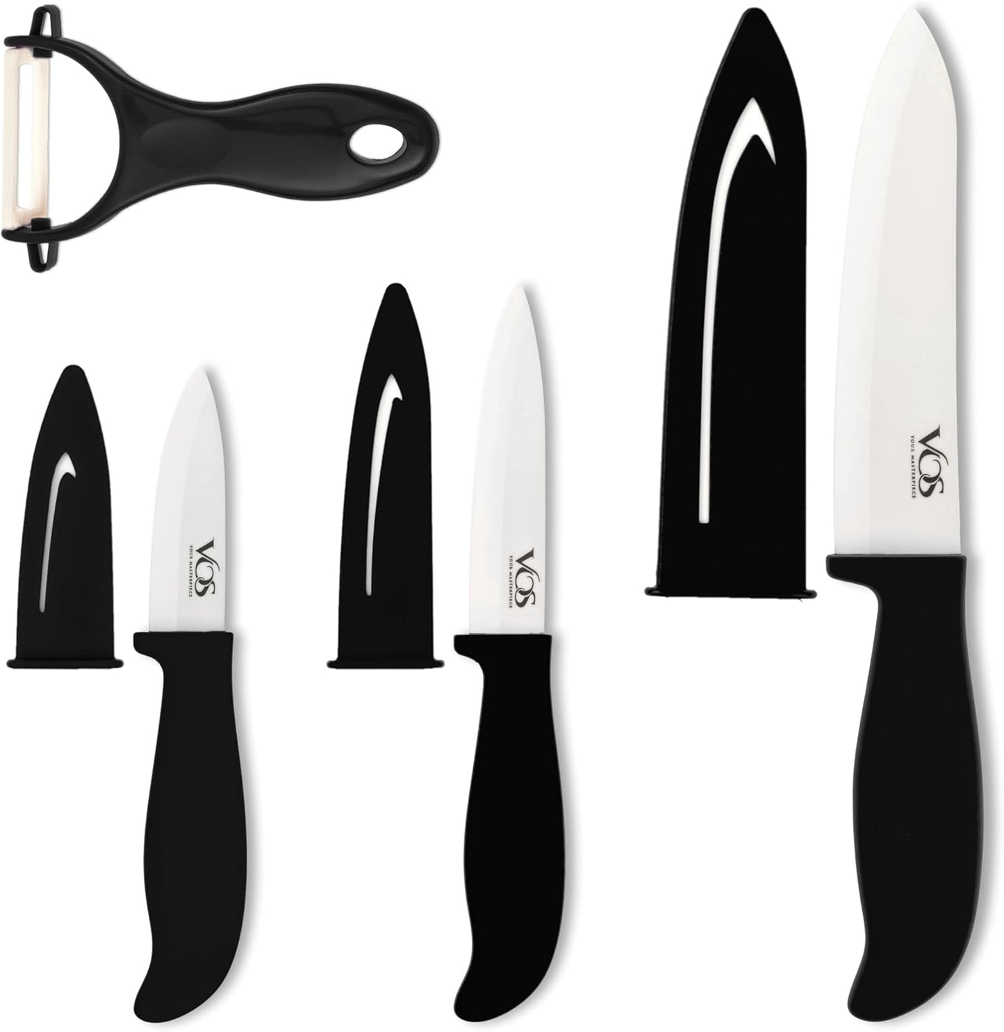 Vos Ceramic Knife Set with Peeler, Ceramic Knives Set For Kitchen, Ultra Sharp Kitchen Knife Set with Covers, 3" 4" 6" Paring, Utility & Chef Knife, Lightweight, Dishwasher safe (Black Handle)