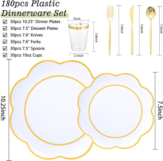 EI 180pcs White Plastic Plates with Gold Plastic Silverware,Heavy-Duty Disposable Plates for Party,White Dinnerware Set for 30 Guest Wedding,Birthday