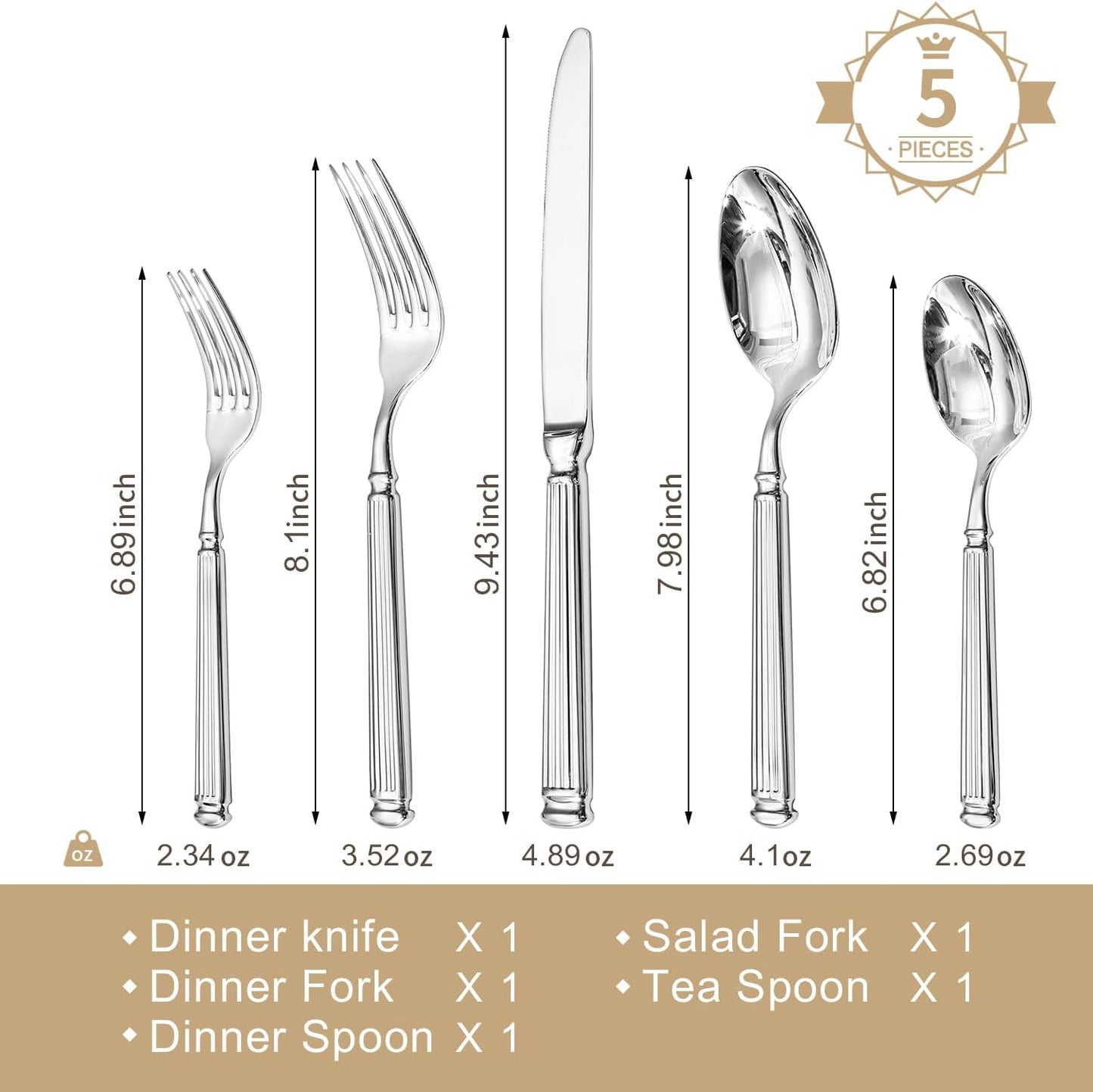 KINGSTONE Silverware Set, 5-Piece 18/10 Stainless Steel Flatware Set - Roman Column Embossed Thick Handle, for Wedding, Home, Restaurant, Kitchen and Party, Mirror Polish & Dishwasher Safe