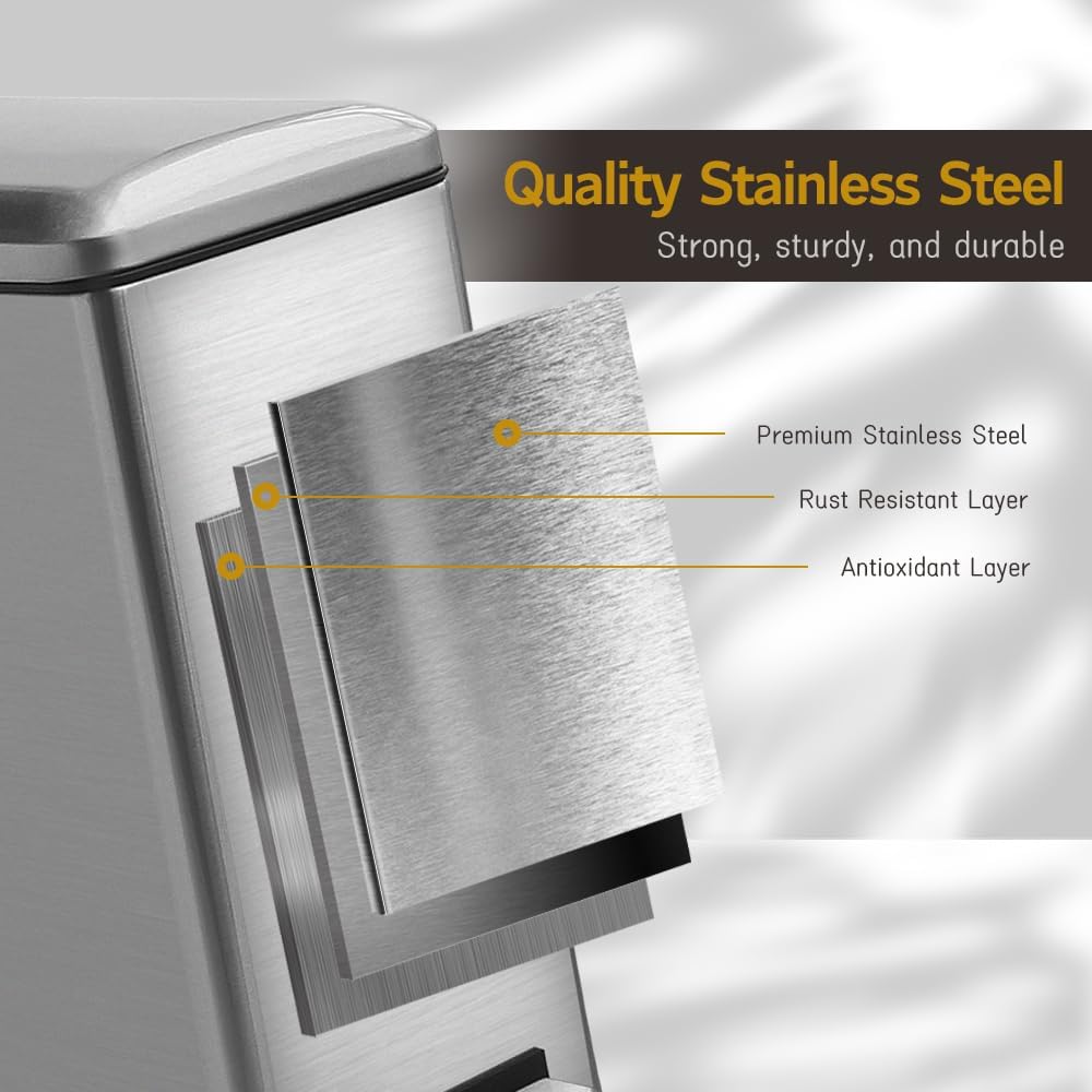 Silver 10L/2.6 Gallon Bathroom Trash Can with Lid,features a removable inner bucket, a soft - close lid and a stainless - steel step pedal,ideal for use in the bathroom, kitchen, and home office.