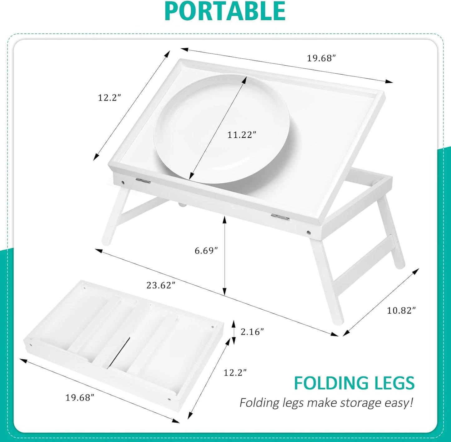 Bamboo Lap Desks Bed Table White Breakfast Tray with Folding Legs Kitchen Serving Tray for Notebook Computer Bed Platters Desk Snack Tray(White)