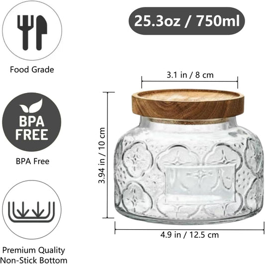 Vintage Glass Jar, 25.3 FL OZ Glass Food Storage Jar, Glass Canister with Wooden Lid, Decorative Glass Jar for Home Kitchen Coffee, Tea, Candy, Sugar Jar