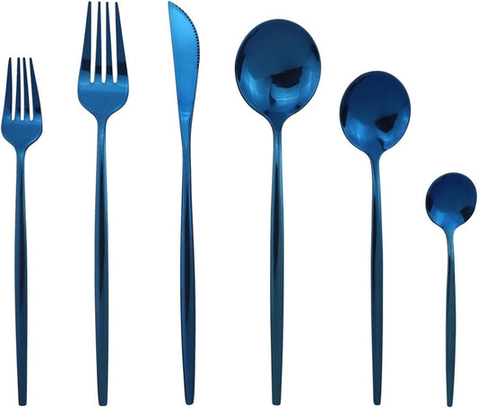 JASHII Silverware Set, Mirror Polished Blue Flatware Cutlery Service for 4, Shiny Finish 24-Piece Stainless Steel Utensil Set - Dinner Knife, Fork, Spoon, Dessert Fork, Salad Spoon - Dishwasher Safe