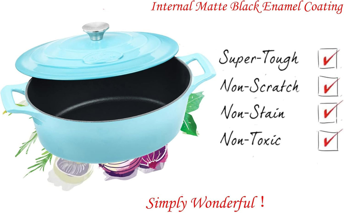 La Cuisine Enameled Cast Iron Oval Dutch Oven Casserole Pot with Lid 5 QT Internal Matte Black Enamel for bread baking, 2-ton Teal Enamel Coating Finish Exterior,Oven Safe up to 500° F