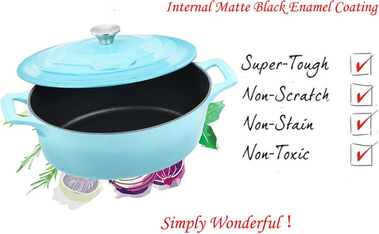 La Cuisine Enameled Cast Iron Oval Dutch Oven Casserole Pot with Lid 5 QT Internal Matte Black Enamel for bread baking, 2-ton Teal Enamel Coating Finish Exterior,Oven Safe up to 500° F
