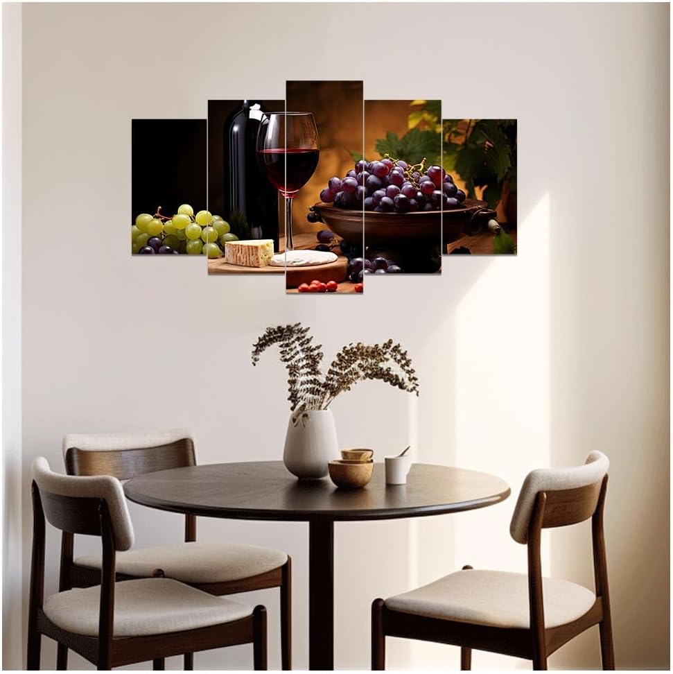 DOARTDO 5 Pieces Kitchen Wall Art Wine and Fruit Grape Pictures Food Canvas Prints Red Wine Cups Painting Large Kitchen Dining Room Bar Cellar Decor Framed (Brown, (12x20inx2 12x30inx2 12x40inx1))