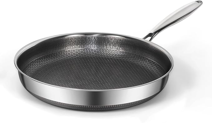 Stainless Steel Skillet, PFOA-Free, Flat Bottom Design, Induction Cooktop Compatible, Works on All Stovetops, Cool-Touch Handle, Easy to Clean, Heat Resistant to 700°F, 10 Inches