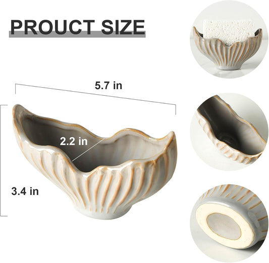 Sponge Holder for Kitchen Sink, Ceramic Sponge Holder with Fishtail Design, Sink Sponge Holder Caddy Organizer for Countertop, Farmhouse Kitchen Decor, Compact Kitchen Sponge Holder(Grey)